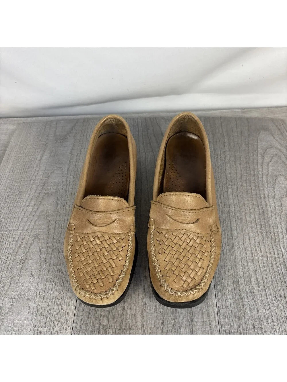 Vintage Dexter USA Women's 5.5 M Woven Leather Loafers Tan Slip On